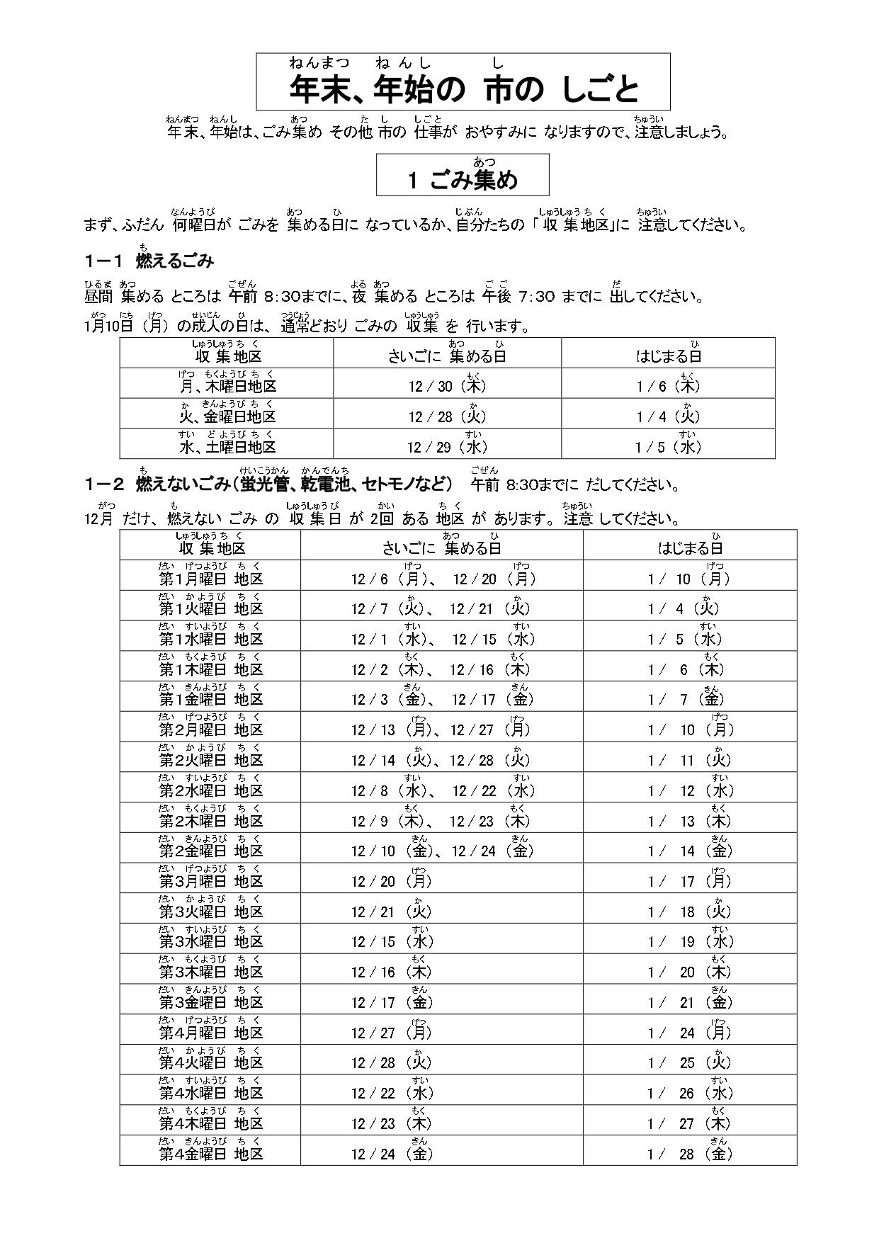 やさしい日本語　年末、年始の　市のしごと1